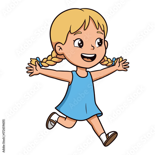 Cartoon girl with blonde braids blue dress running with open arms smiling.