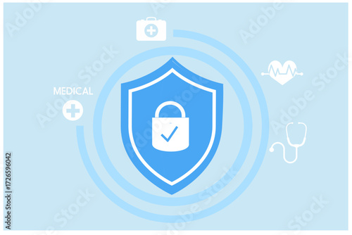 Cybersecurity in Healthcare and Medical concept. secure data management and protect data from hacker attacks and padlock icon to internet technology networking vector	
