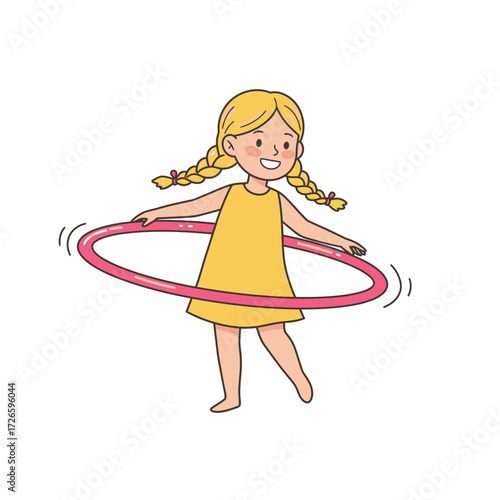 Cartoon girl with blonde braids playing with a pink hula hoop.