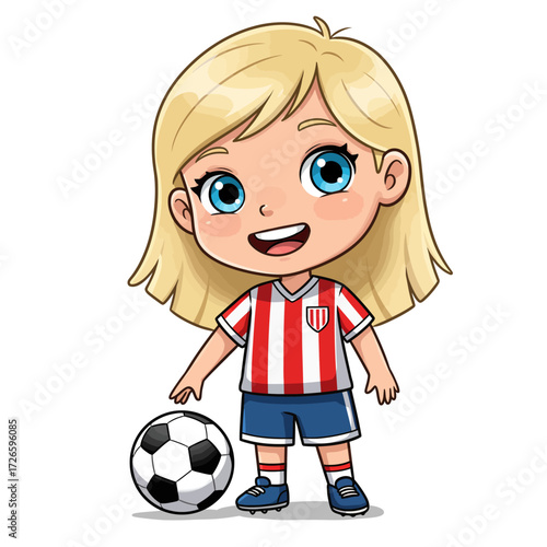 Cartoon girl with blonde hair and blue eyes in soccer uniform with ball.