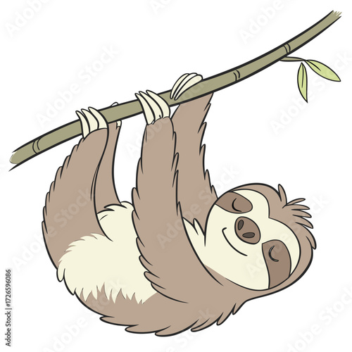 Cartoon sloth hanging from a tree branch with closed eyes Keywords: sloth, cartoon, animal, hanging, tree