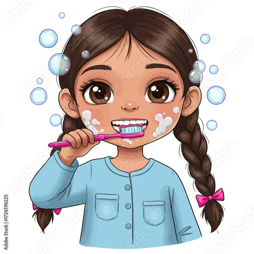 Cartoon girl with brown hair brushing teeth with pink toothbrush and foamy toothpaste.