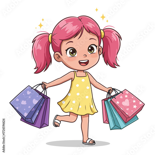Cartoon girl with pink hair and yellow dress holding shopping bags.