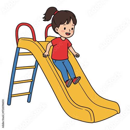Cartoon girl with ponytail sliding down a yellow and red playground slide.