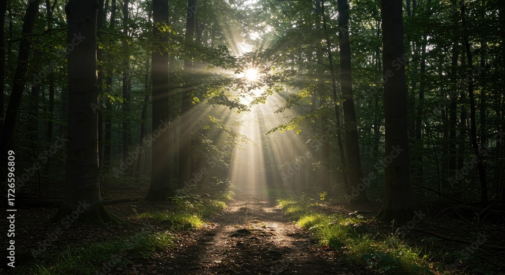 Fototapeta premium Sunbeams pierce dense forest canopy illuminating a winding path, creating a magical, ethereal atmosphere for adventure and nature exploration