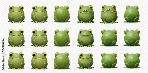 Fifteen stylized green frog illustrations arranged in rows on a transparent background, some facing forward and some facing backward.
