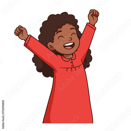 Cheerful girl with curly hair raising arms wearing a red dress smiling.