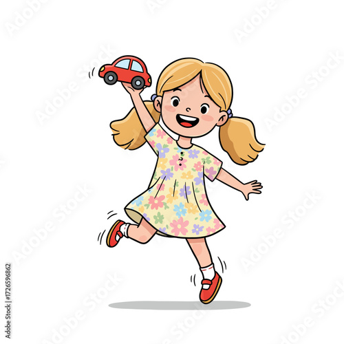 Joyful girl with blonde pigtails holding a red toy car wearing a floral dress.