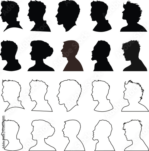 User profile icon set. Profile, people silhouette, person, avatar, sign up button vector collection.Black silhouette avatar collection of men heads, profile icons, human face outline, vector design