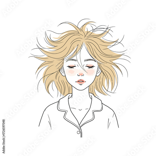 Woman with messy blonde hair eyes closed wearing a pajama top.