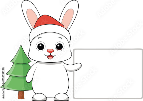 Cute Christmas Bunny Holding Blank Sign with Santa Hat