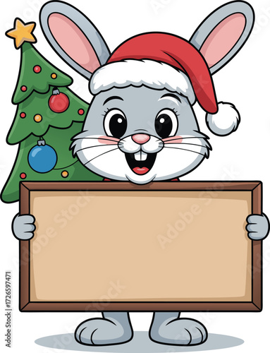 Christmas Bunny with Santa Hat Holding Blank Sign – Cute Holiday Cartoon Illustration