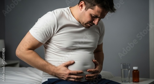 A man with a pained expression holds his large belly while sitting on a bed, feeling unwell and bloated.