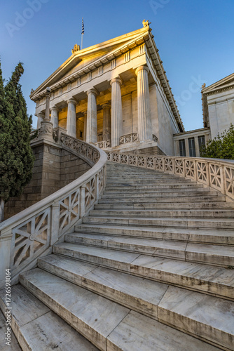 National Library of Greece with Doric columns and marble staircase, Athens.