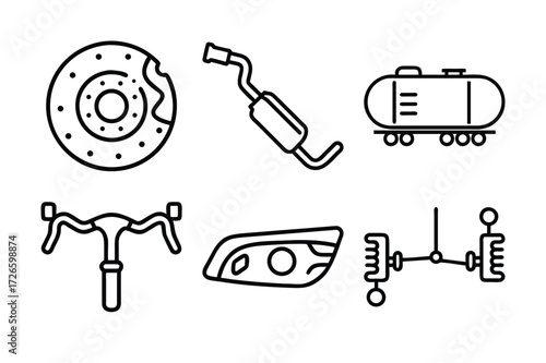 bike Parts Line Icons Set | Brake Disc, Exhaust, Fuel Tank, Handlebar, Headlight, Suspension Vector