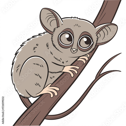 Cute cartoon tarsier with big eyes clinging to a tree branch primate animal