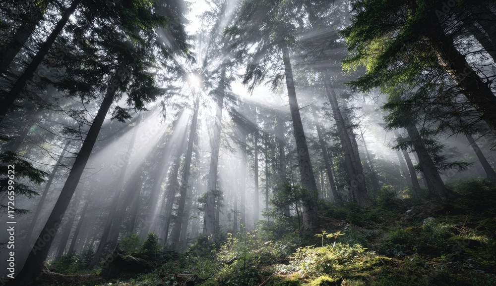 Obraz premium Sunlight streams through a misty forest