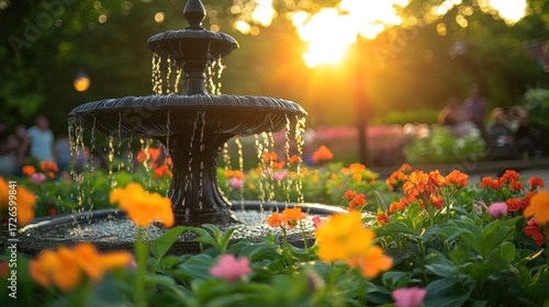 Sunset fountain in a vibrant garden
