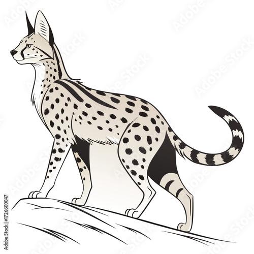 Serval Cat Standing on Rock with Spotted Fur on White Background wild cat feline