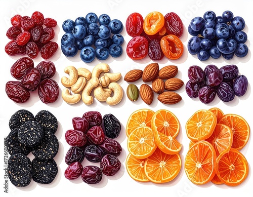 Assorted dried fruits and nuts displayed in a grid