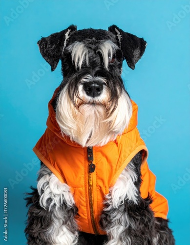 A dog in an orange vest, centered against a vibrant blue background