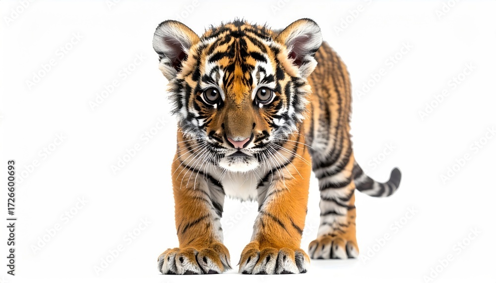 Obraz premium A tiger cub, front view, isolated on white