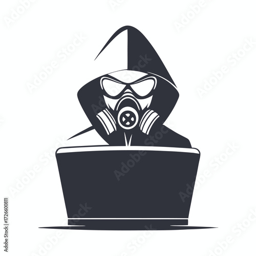 Dark figure in hood and gas mask operates laptop with mysterious intent