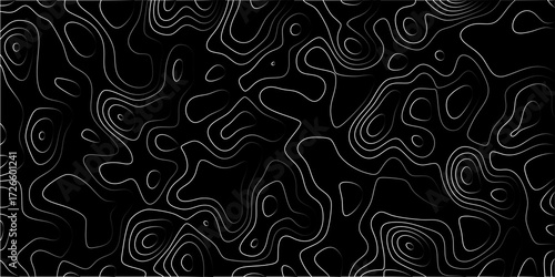 Abstract topographic contour map lines pattern on black background, white undulating lines, science and geography concept