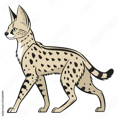 Stylized Serval Cat Walking with Spotted Fur on White Background wild cat feline