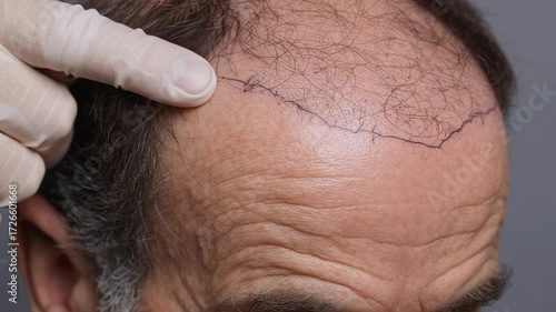 4k video of a hair transplant surgeon plans out the hairline.