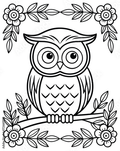 Charming Owl Perched on a Branch Surrounded by Flowers A Delightful Black and White Illustration for Coloring Enthusiasts