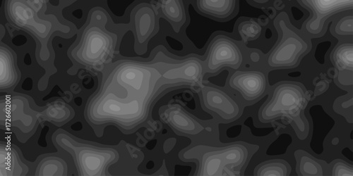 Grayscale topographic contour map with organic shapes and layered elevation lines, ideal for abstract science backgrounds or natural terrain visualizations