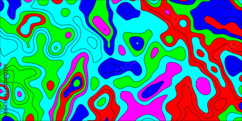 Psychedelic abstract topographic map pattern with bold organic shapes in red cyan blue and pink contours