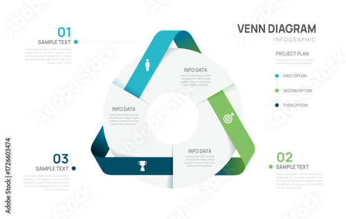Venn diagram infographic chart template for business 3 color parts options, presentation with venn diagram elements vector illustration.