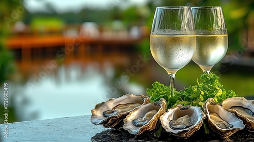Two chilled white wine glasses, oysters on a platter, outdoor setting
