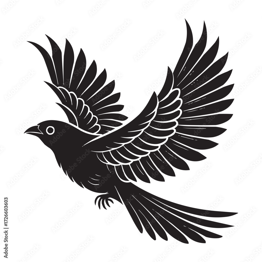 Obraz premium Flying Bird Silhouette Vector – Elegant Black Bird with Open Wings Illustration