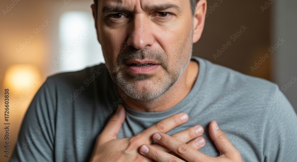 Fototapeta premium A worried middle-aged man clutches his chest with a concerned expression, possibly experiencing chest pain or anxiety.