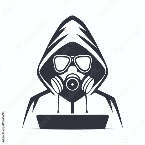 Dark silhouette reveals person wearing a gas mask and hooded jacket