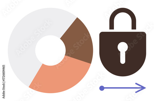 Pie chart with segmented data, lock symbol for security, and arrow indicating forward progression. Ideal for cybersecurity, privacy, protection, information flow, technology, encryption simple flat