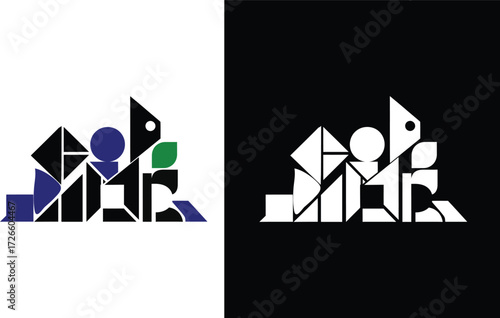 Abstract logo design featuring geometric shapes forming a stylized figure, available in both positive and negative versions