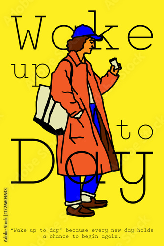 A line drawing of a young man drinking coffee to refresh himself in the morning. Illustration graphic design.