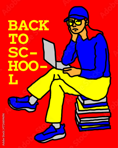 A young female student is in a bored mood as her college is about to start. Illustration graphic design.