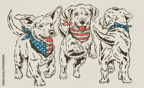 Illustration of three happy Golden Retriever puppies with US flag bandanas in front of a waving American flag.
