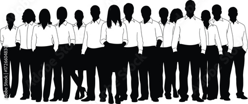 Silhouette of a diverse group of business people standing together isolated on white background, representing teamwork, collaboration, and corporate unity