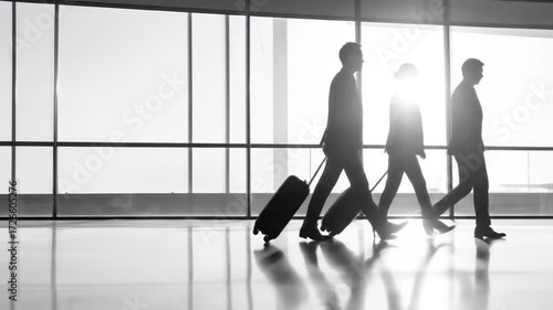 A team of business travelers in silhouette walks with their luggage through a sunlit airport concourse, representing a corporate journey