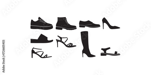Print  Vector fashion shoe collection – sneakers, boots, loafers, stilettos, sandals – stylish editable silhouettes, isolated on white background