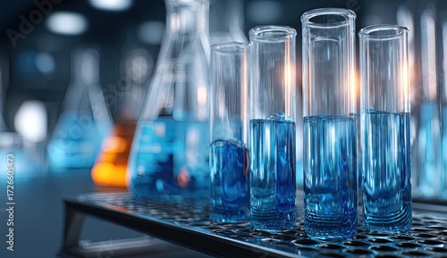 Lab glassware with blue liquid