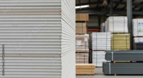 Close-up of stacked drywall sheets in a large industrial warehouse filled with various construction supplies.