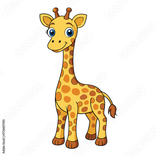 Friendly giraffe cartoon character with a big smile and playful appearance is standing
