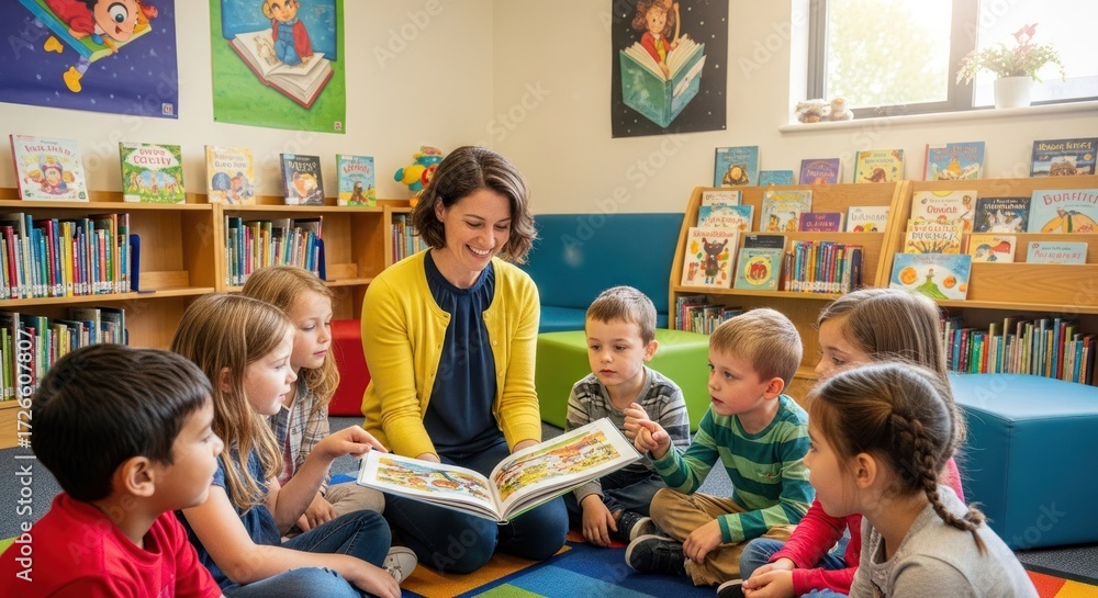 Fototapeta premium A teacher reading a book to a group of children in a library.